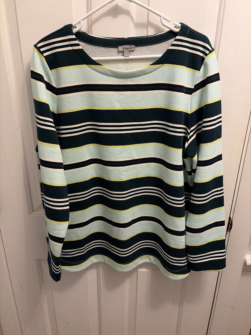 T by Talbots Women XL Green Mint Striped Soft Long Sleeve Sweatshirt Pullover